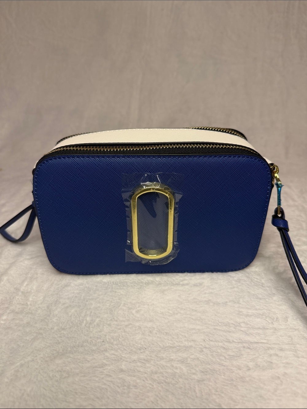 Blue and White Dual-Zip Crossbody Bag with Gold Accent